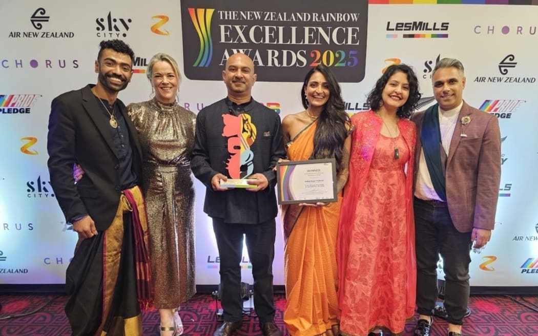 (From left) Suraj Malage, Shay Singh, Sripriya Somasekhar, Moushumi Das and Arrun Soma of the Indian Origin Pride NZ at the Rainbow Excellence Awards in Auckland on Friday.
