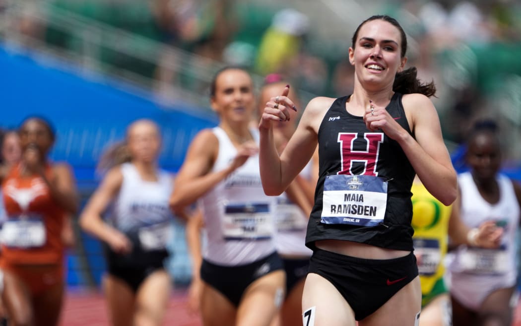 Jun 8, 2024; Eugene, OR, USA; Maia Ramsden of Harvard celebrates after winning the women's 1,500m in 4:06.62 during the NCAA Track and Field Championships at Hayward Field.