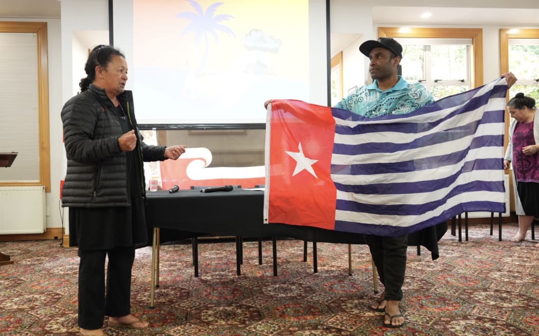 Hilda Halkyard-Harawira and Ronny Ato Buai Kareni at the 'Nuclear Connections Across Oceania' conference in Ōtepoti.
