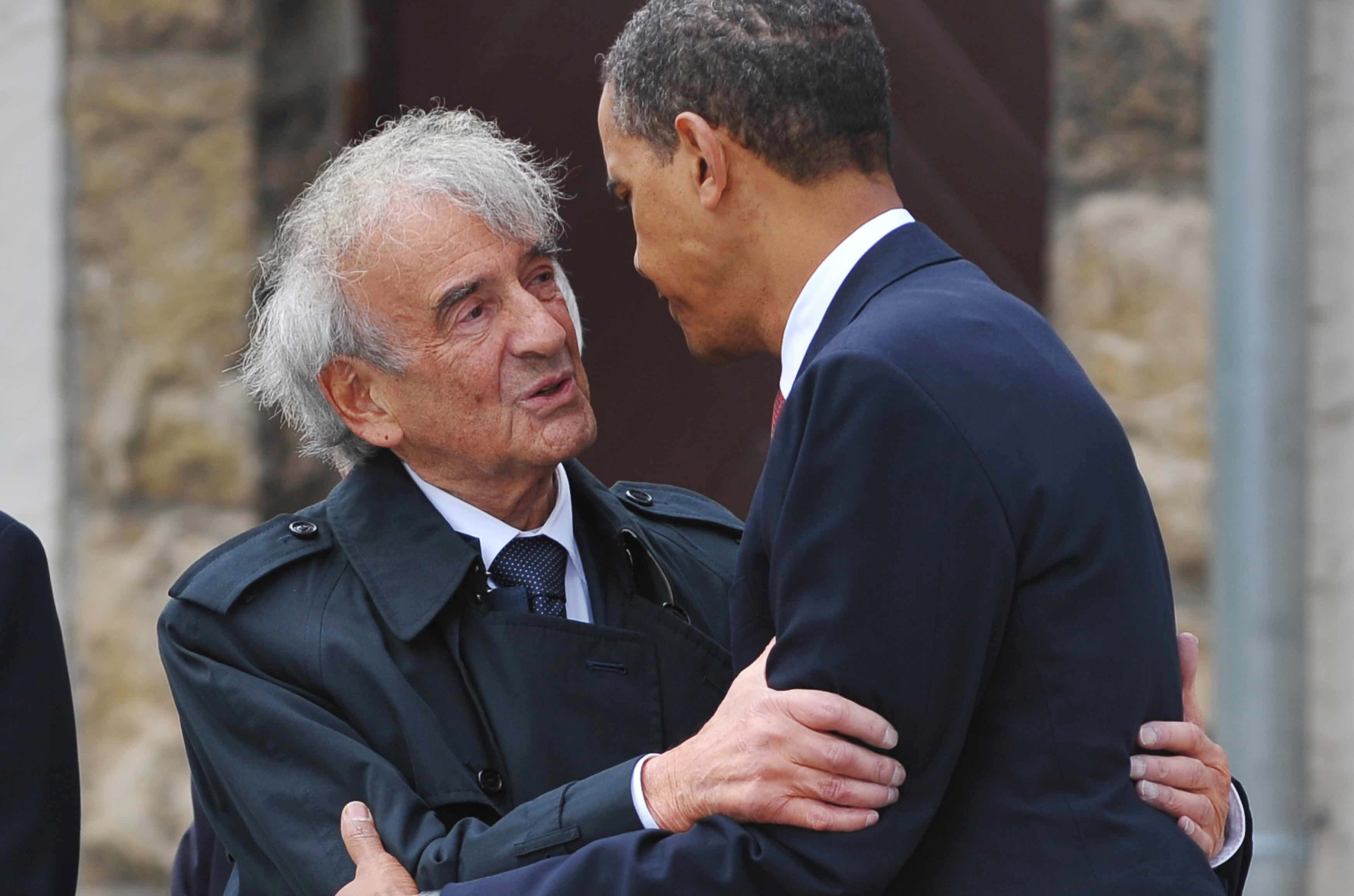This 2009 file photo shows US President Barack Obama embracing former Nazi concentration camp inmate Elie Wiesel.