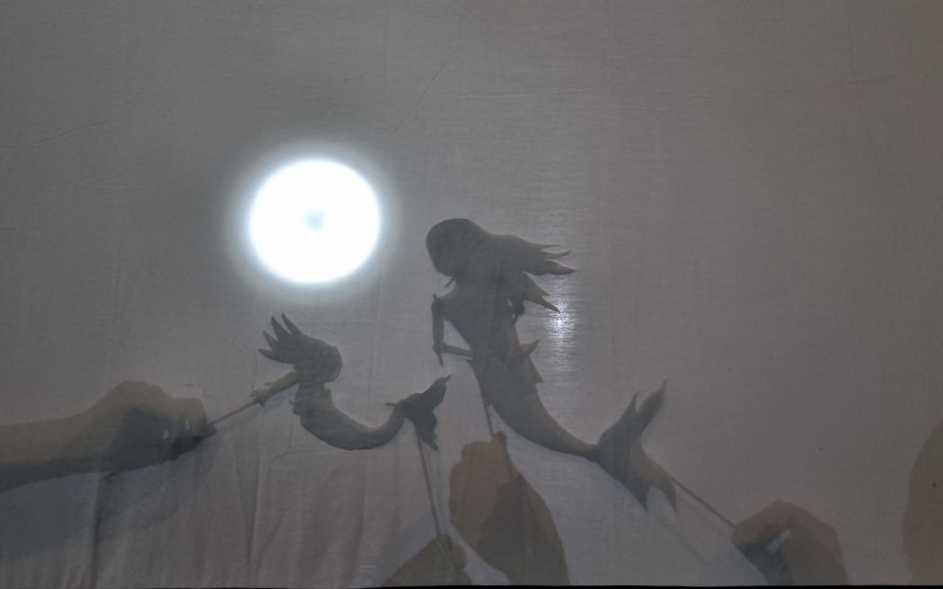 Taranaki Diocesan School for Girls students Billie Smith and Kayla Warmenhove's mermaid puppets do battle.