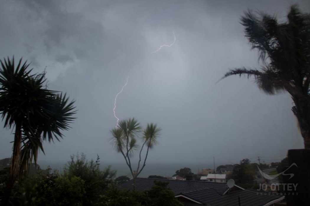 Lightning strikes over Auckland this morning.
