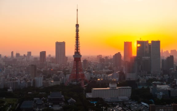 Tokyo Tower and skyscrapers in Minato Ward, Tokyo city.