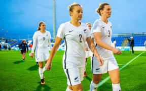 Football Ferns Ria Percival and Anna Green dejected after their loss to Scotland.