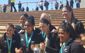 Labour leader Jacinda Ardern with the Black Ferns Labour leader Jacinda Ardern with the Black Ferns in Civic Square in Wellington.