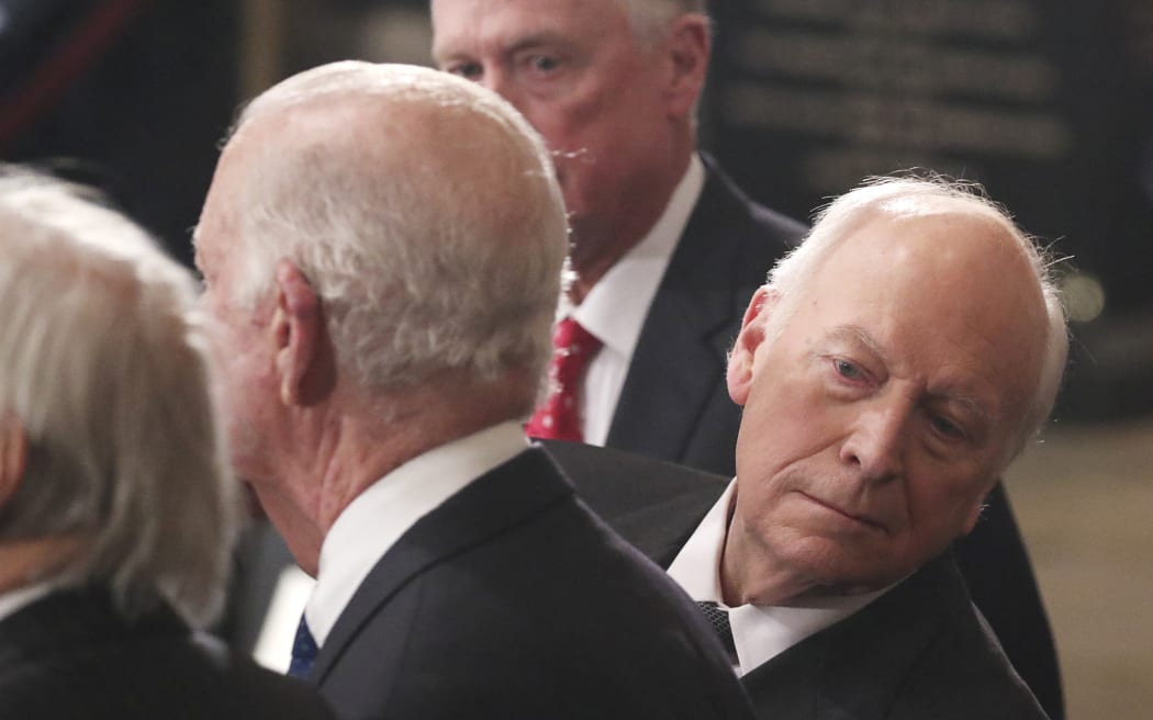 Former US Vice President Dick Cheney looks behind former Secretary of State James Baker as he stands next to former Vice President Dan Quayle (rear) during memorial ceremonies for former President George H.W. Bush in the US Capitol Rotunda in Washington, DC, December 3, 2018. (Photo by JONATHAN ERNST / POOL / AFP) / POOL PHOTO