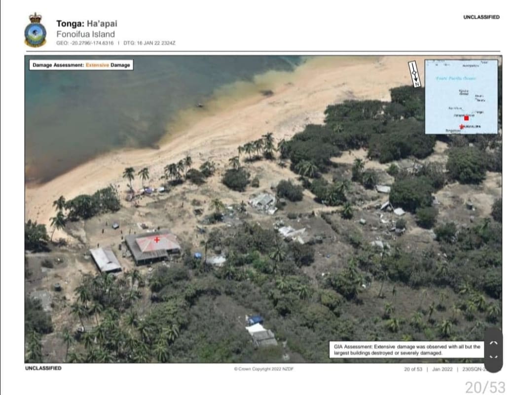 Fonoifua Island in Ha'apai, Tonga, as seen from an NZDF P-3 Orion reconnaisance flight after the eruption of Hunga Tonga-Hunga Ha'apai. The image caption says all but the largest buildings were destroyed or severely damaged.