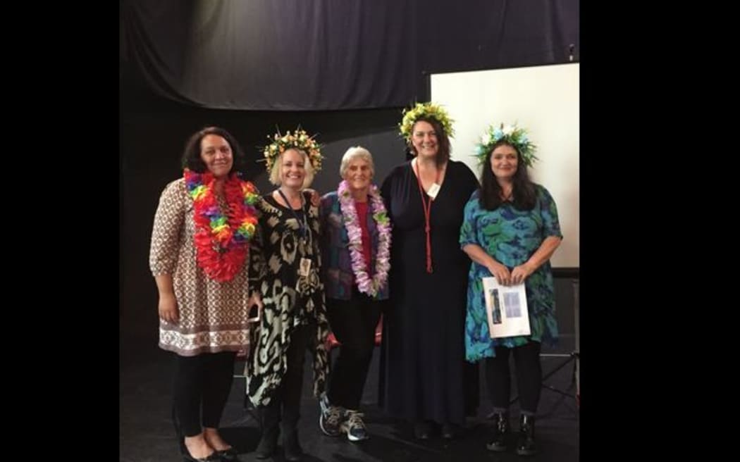 Kerrie Noonan (second from right ) photographed with the Mary Potter Hospice team (L to R) Vanessa Eldridge Maori Liaison, Teresa Read Quality Manager, Sister Margaret Lancaster Board member and Clare O'Leary Palliative Care Educator.