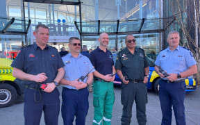 Fire and Emergency's Tim Reynolds, Public Safety Network Implementation Manager Inspector Kerei Gray, Wellington Free Ambulance's Alex Dean, St John's Chris Laufale and Police constable Paul Ferguson at the Land Mobile Radio Network launch on Wednesday