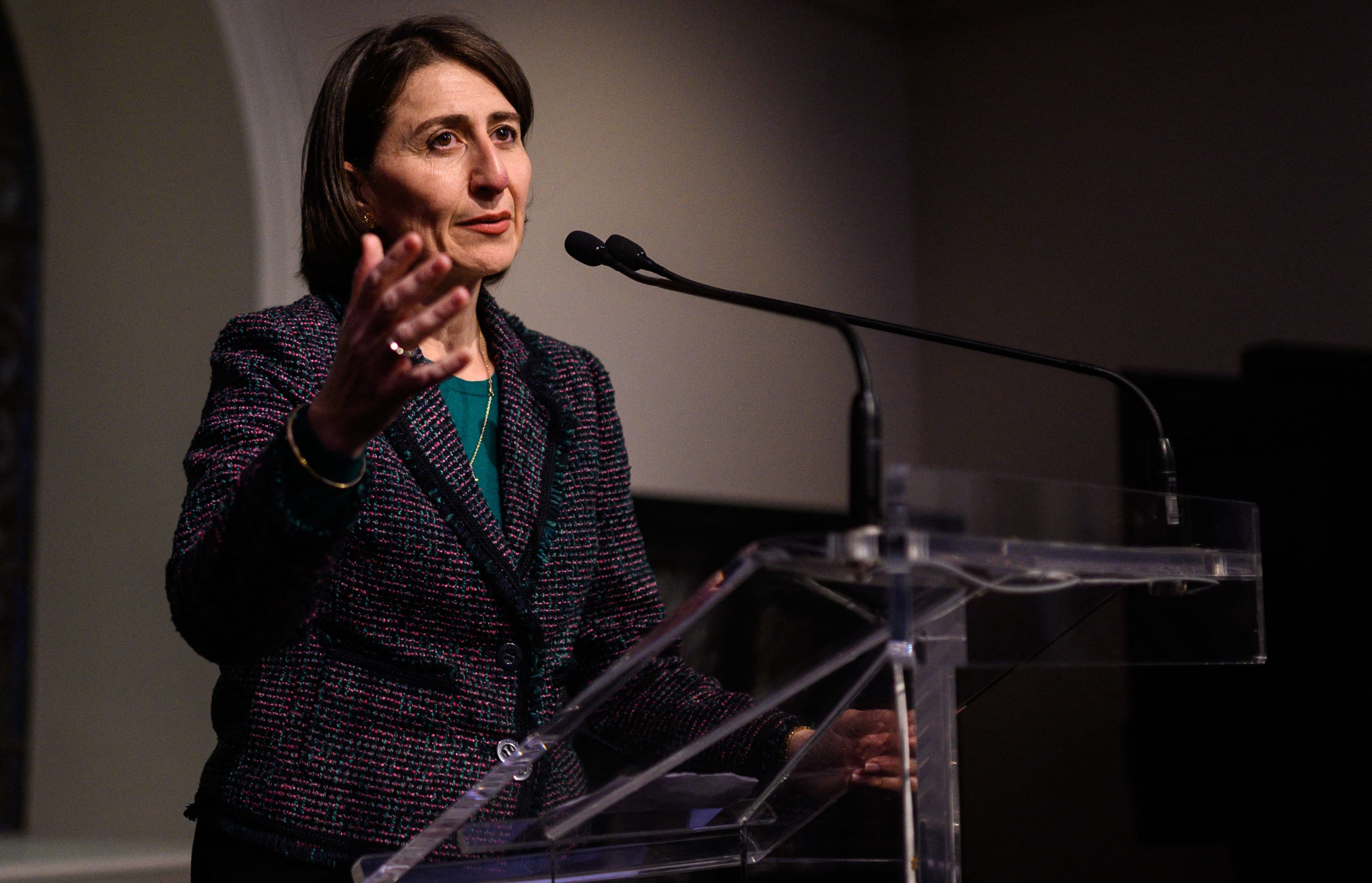 New South Wales Premier Gladys Berejiklian speaks after a State Library tour by the visiting Netherlands Prime Minister Mark Rutte in Sydney on October 9, 2019.