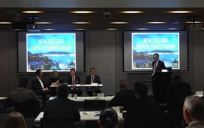 NZ Data Futures Forum members Stephen England-Hall, Evelyn Wareham and John Whitehead with Minister of Finance Bill English and moderator Rod Oram (L-R), at an event in Auckland in June 2014.