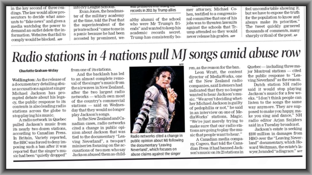 The Times of India reports New Zealand radio becoming Michael Jackson-free.