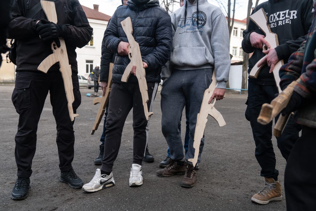 People take part in a basic military training session on February 28, 2022 in Ivano-Frankivsk, Ukraine.