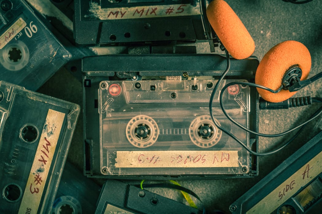 Cassette tape with walkman and headphones