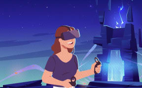 An illustration of a smiling woman using virtual reality technology.