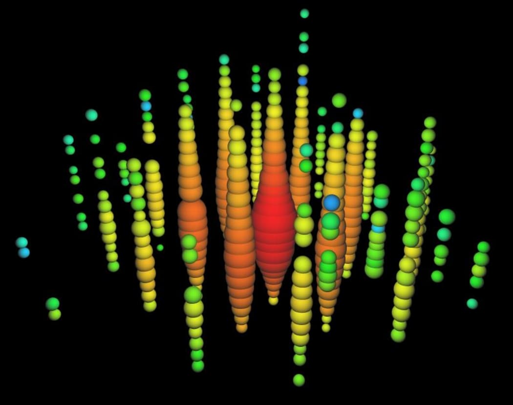 Meet Ernie - one of the highest-energy neutrinos ever observed. This image visualises how several detectors light up at the same time when they capture the moment a neutrino smashes into another particle. Needless to say, the IceCube team named another neutrino Bert.