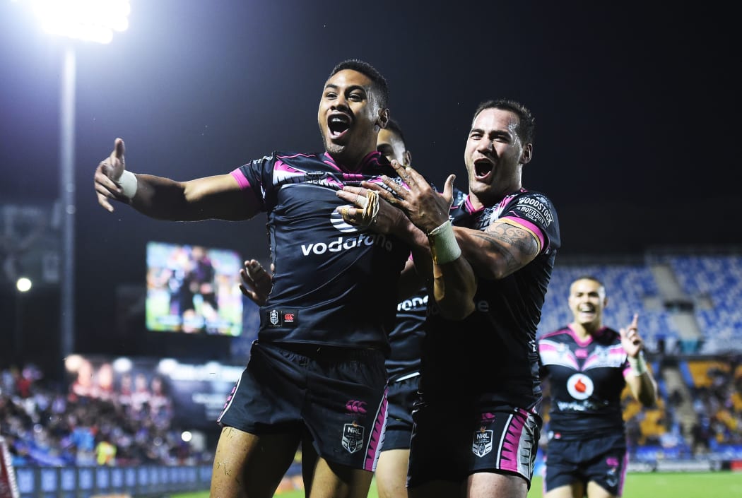 David Fusitu’a celebrates his try.