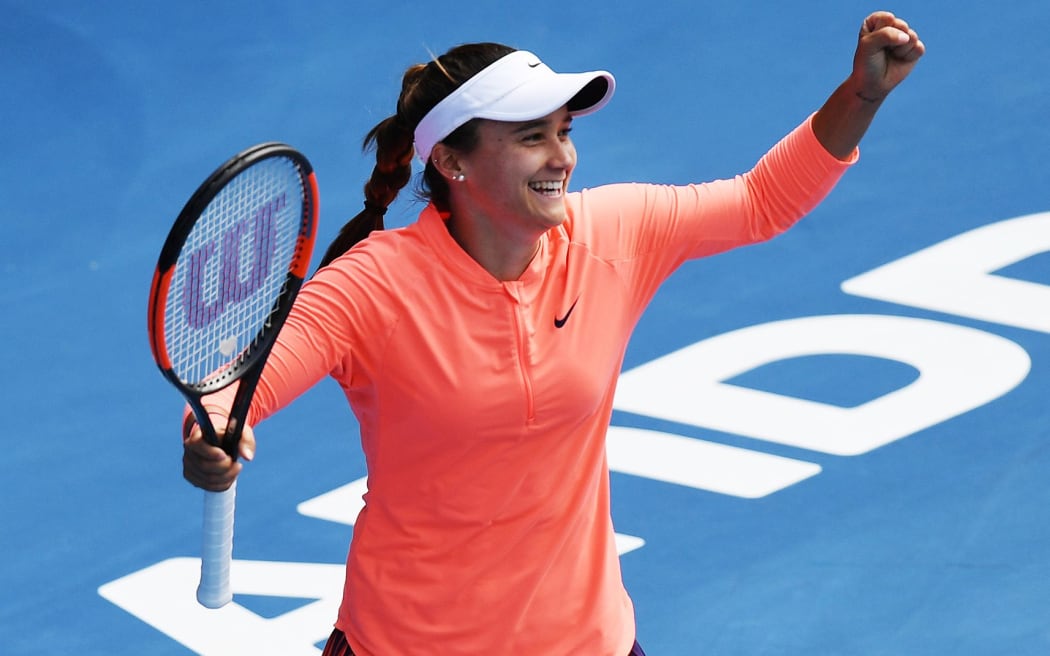 Lauren Davis celebrates her singles win in the final at the ASB Classic.