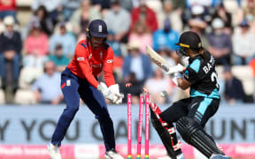 Suzie Bates of New Zealand is dismissed against England.