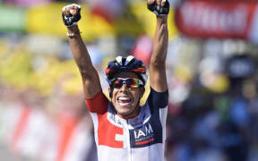 Pantano Gomez Jarlinson, Rider of IAM CYCLING, celebrates the victory during stage 15 of the 2016 Tour de France, in Culoz.