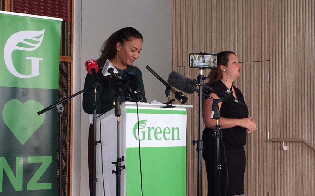 Marama Davidson addresses the crowd after winning the co-leadership race