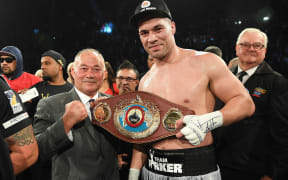 New Zealand heavyweight boxer Joseph Parker with his Dad, Dempsey after defeating Andy Ruiz Jr for the WBO World Heavyweight Title