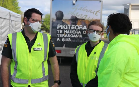 East Coast MP Kiri Allan speaks to St John staff at the clinic in Gisborne.