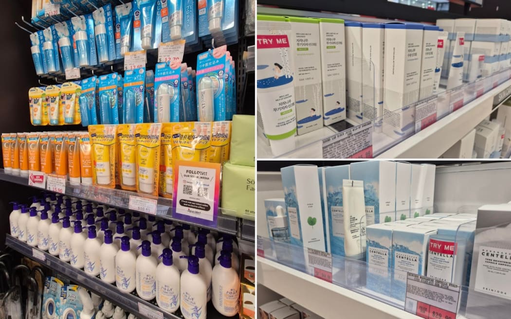 A composite image showing Japanese and Korean sunscreens on the shelves at shops in Auckland.