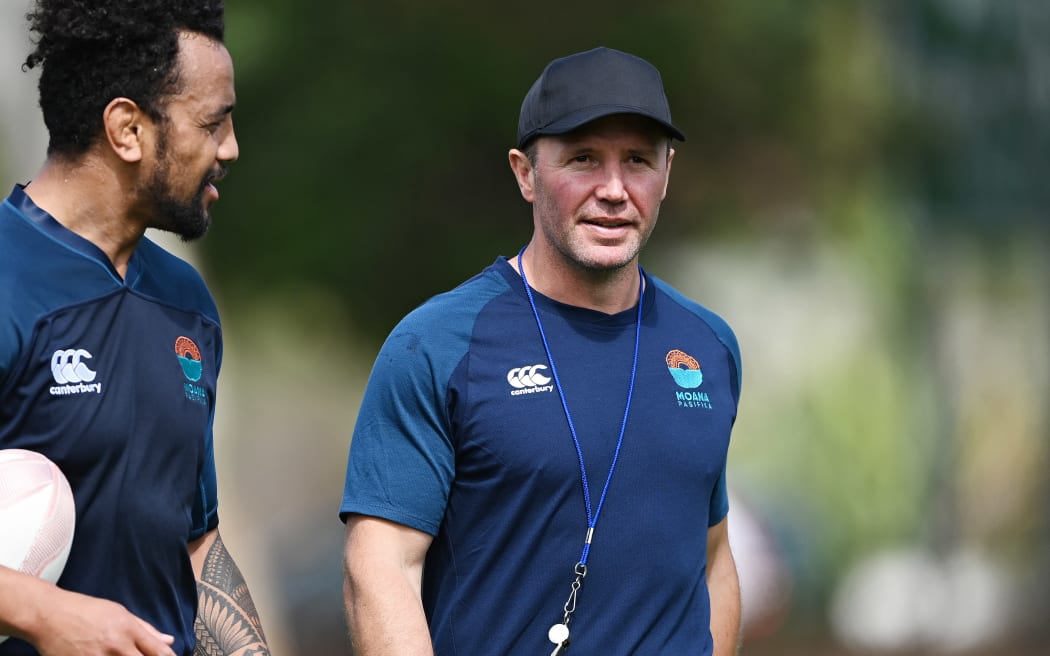 Aaron Mauger was an assistant coach for Moana Pasifika's match against the Māori All Blacks.