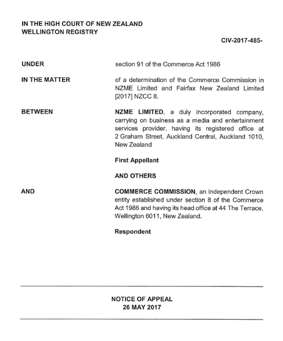 The Notice of Appeal filed to the High Court by Fairfax and NZME.