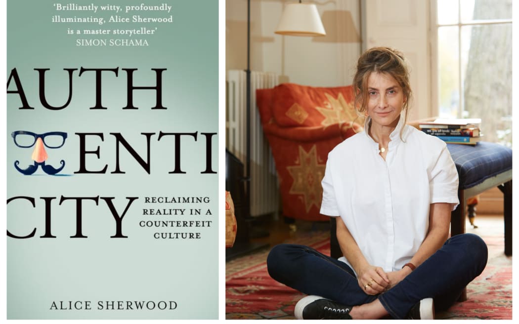 Collage of Alice Sherwood and her book "Authenticity"