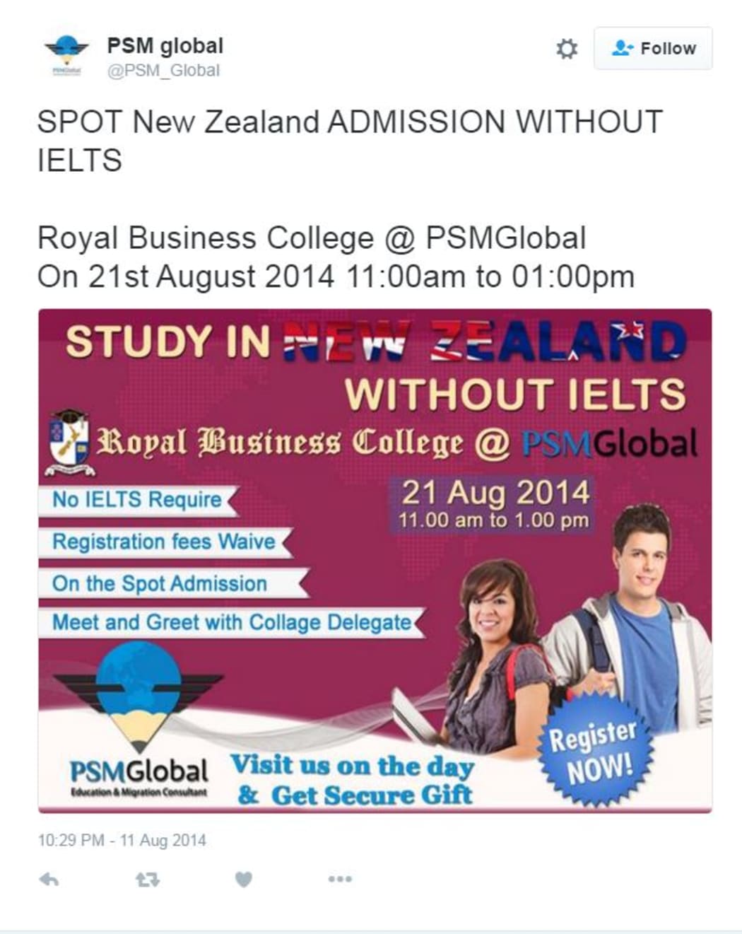 Tweet from 2014 advertising study without English testing