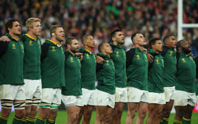 South Africa players sing the anthem ahead of the Rugby World Cup France 2023 match between England and South Africa at Stade de France on 21 October, 2023 in Paris, France.