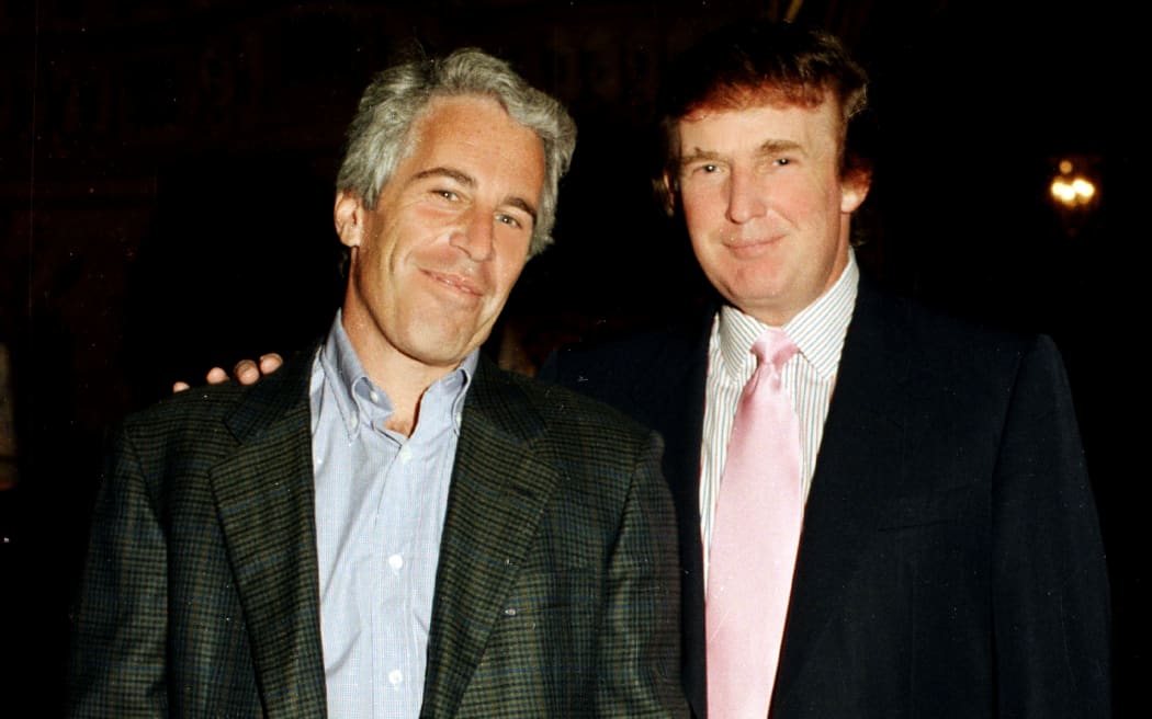 Portrait of American financier Jeffrey Epstein (left) and real estate developer Donald Trump as they pose together at the Mar-a-Lago estate, Palm Beach, Florida on February 22, 1997.