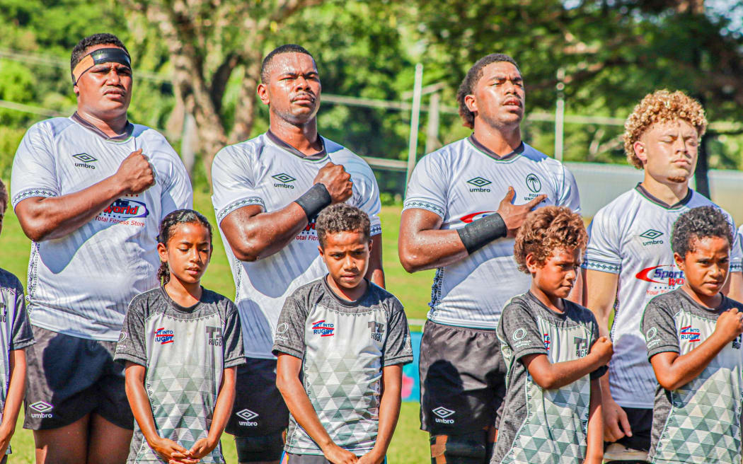 Members of the Fiji Under-20s men's team singing the Fijian national anthem at Prince Charles Park in Nadi on Saturday, before their game against Samoa Under-20.
