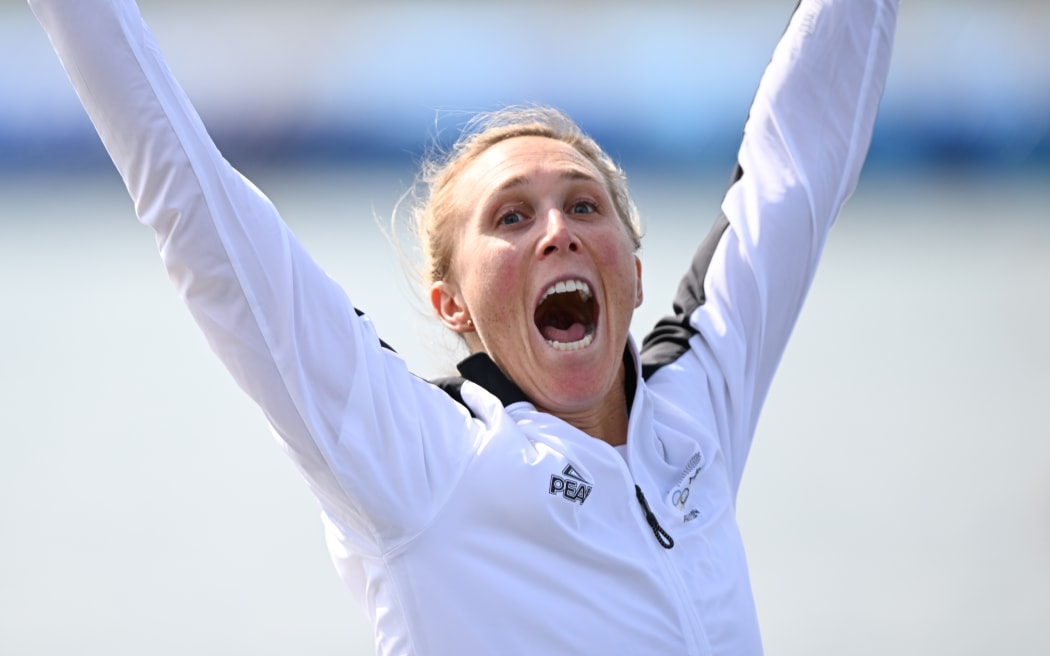 New Zealand rower Emma Twigg celebrates her single scull silver medal at the Paris 2024 Olympics.