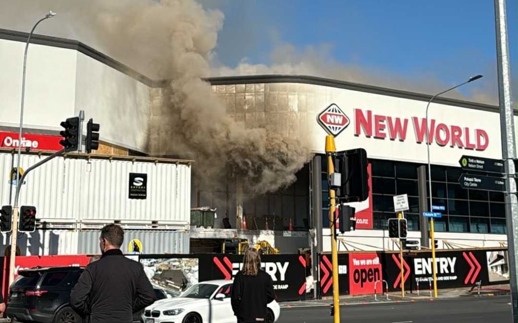Smoke billowing from the New World Supermarket in Freemans Bay.
