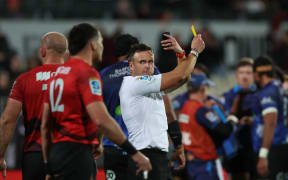 Referee James Doleman during the Crusaders v Blues, Super Rugby Pacific Semi Final match.