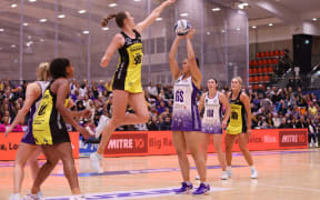 Stars Amorangi Malesala in action during the ANZ Premiership netball match between the Stars and Pulse played at Pulman Arena in Auckland.