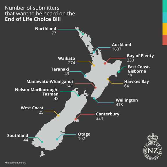 A map showing how many people who had written submissions from each region also asked to be able to also speak with MPs about the End of Life Choice Bill.