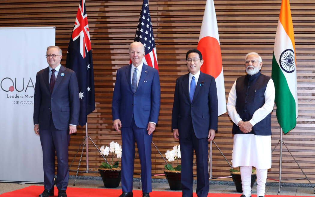 (L-R) Australian Prime Minister Anthony Albanese, U.S. President Joe Biden, Japanese Prime Minister Fumio Kishida and Indian Prime Minister Narendra Modi pose for photo before QUAD leaders meeting at the prime minister’s office in Tokyo on May 24, 2022. QUAD, Quadrilateral Security Dialogue, is a strategic security dialogue between Australia, India, Japan, and the United States that is maintained by talks between member countries.  ( The Yomiuri Shimbun ) (Photo by Masanori Genko / Yomiuri / The Yomiuri Shimbun via AFP)