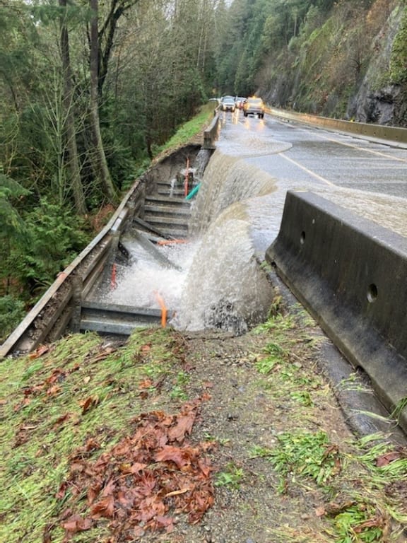 Storm water on the Malahat Highway on Vancouver Island.