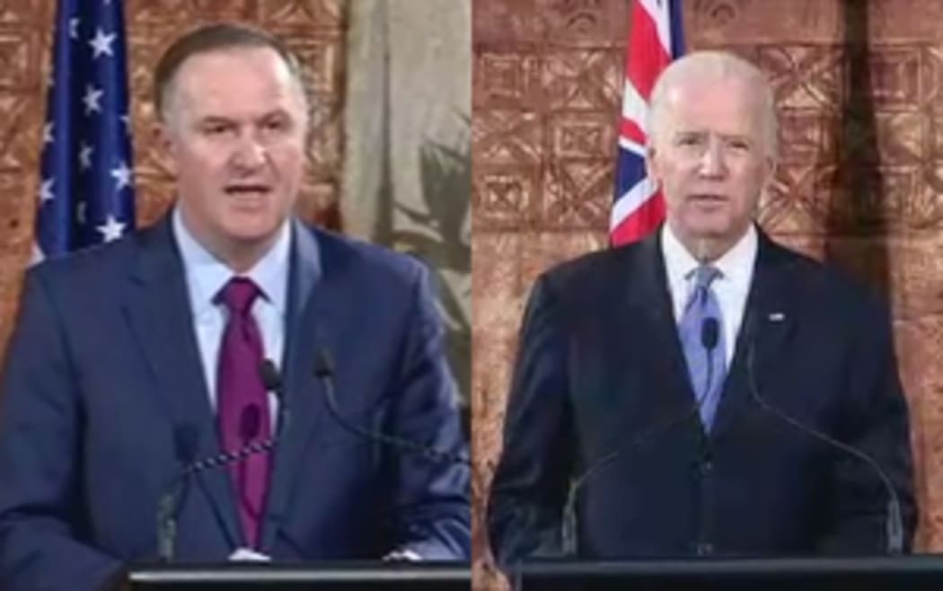 New Zealand Prime Minister John Key and US Vice President Joe Biden speak following their bilateral meeting