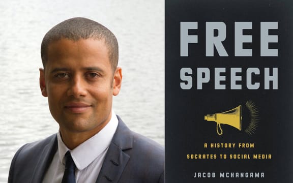 Free speech advoccate Jacob Mchangama alongside the cover of his book Free Speech A History from Socrates to Social Media