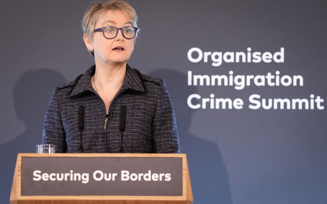 Britain's Home Secretary Yvette Cooper delivers a speech during the International Border Security Summit in London, on March 31, 2025. Delegates from more than 40 countries gather in the UK on March 31 for a summit to be addressed by Britain's Prime Minister Keir Starmer seeking to crackdown on the "vile trade" in migrants. The interior ministers from France and Germany will be among those attending the two-day Organised Immigration Crime Summit in London, as the UK government struggles to contain migration numbers. (Photo by Stefan Rousseau / POOL / AFP)