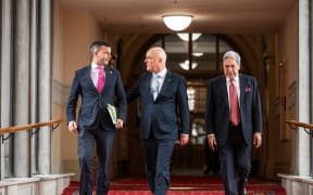 Deputy Prime Minister Winston Peters, Prime Minister Christopher Luxon and ACT leader David Seymour on 24 November, 2023.