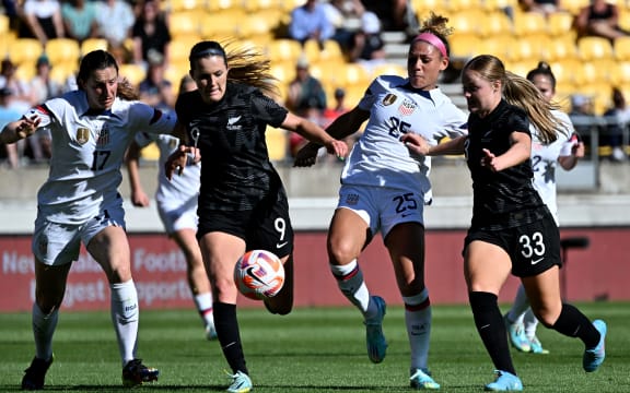 Trinity Rodman of the USA is chased by Gabi Rennie and Grace Wisnewsk. Football Ferns vs USA, Wellington, 2023.
