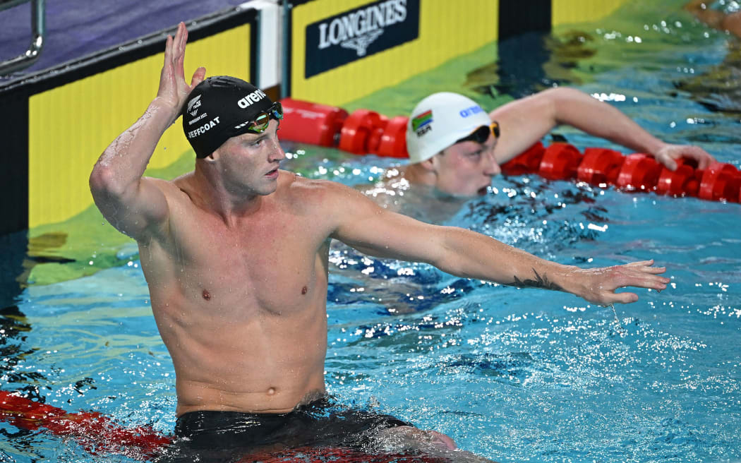 New Zealand's Andrew Jeffcoat taking the gold medal in the men's 50m backstroke swimming final at the Commonwealth Games in Birmingham, on 1 August 2022.