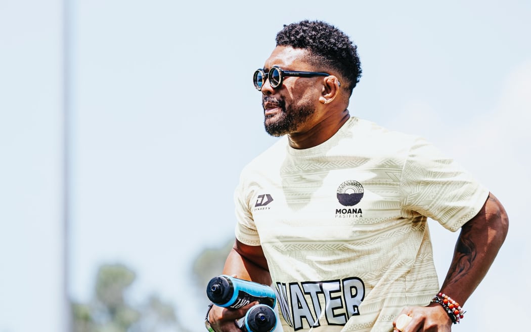 Ardie Savea running as  a water boy for Moana Pasifika on Friday. He is expected to be named club captain when the team announces their leadership team at their North Harbour Stadium home on Monday. Photo: Moana Pasifika