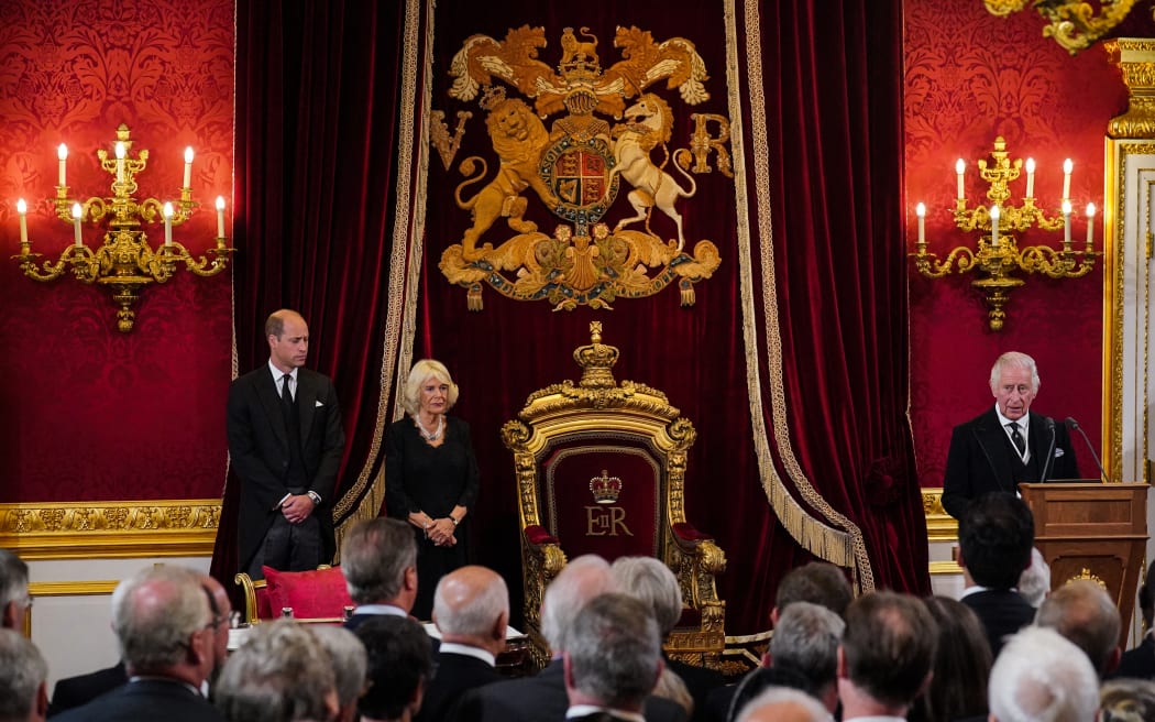 Britain's Prince William, Prince of Wales (L) and Britain's Camilla, Queen Consort (2L) listen as Britain's King Charles III speaks during a meeting of the Accession Council in the Throne Room inside St James's Palace in London on September 10, 2022, to proclaim him as the new King. - Britain's Charles III was officially proclaimed King in a ceremony on Saturday, a day after he vowed in his first speech to mourning subjects that he would emulate his "darling mama", Queen Elizabeth II who died on September 8. (Photo by Jonathan Brady / POOL / AFP)